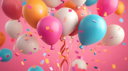 A set of cute 3D-rendered birthday balloons in soft pastel shades, drifting gracefully with tiny stars and flowing ribbons, ideal for a minimalist yet festive atmosphere.