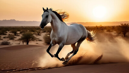 A bright white Arabian horse runs through the desert at sunset, with the vibrant colors of the sky illuminating the scene. Ai genertion