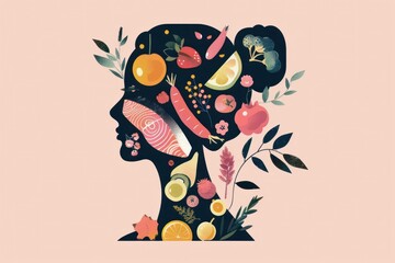 Creative silhouette of a woman filled with vibrant fruits and vegetables, representing healthy eating and a connection with nature.
