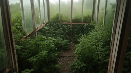 Abandoned greenhouse overrun by lush thorny vines and nature's resurgence
