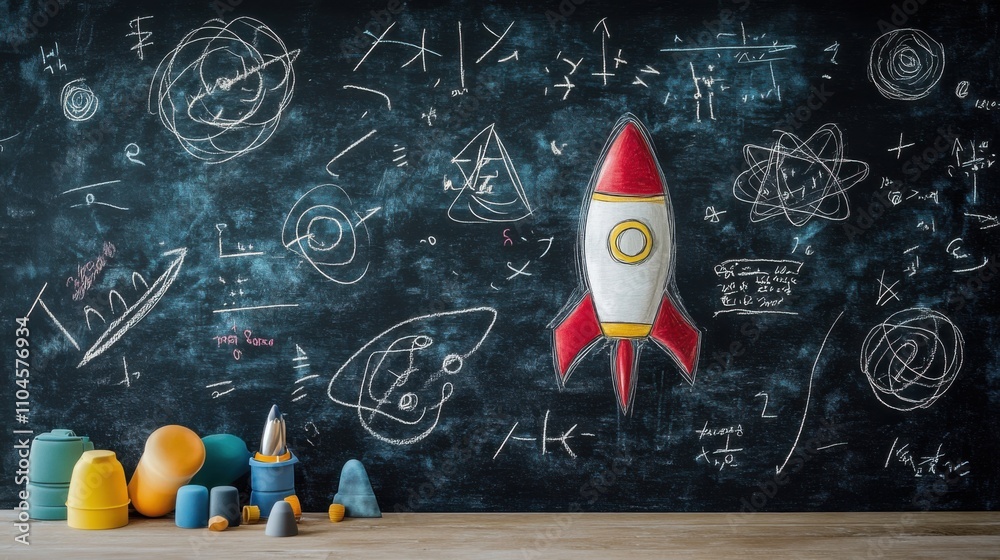 Wall mural rocket launch concept with chalkboard and colorful objects