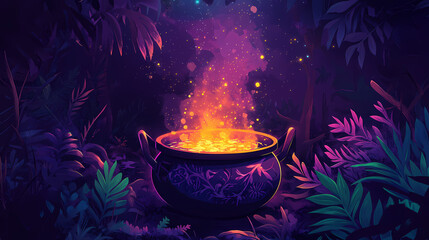 A mystical cauldron simmering with herbs, set for day of the dead (dia de los muertos) celebrations, perfect for enhancing themed events and decorations. Mystical. Illustration