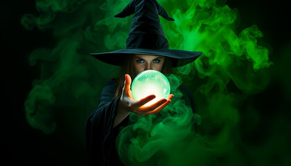 Witch holding crystal ball in green smoke on dark background isolated with white highlights, png