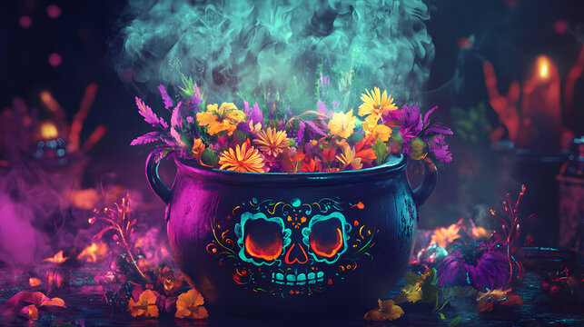 A mystical cauldron simmering with herbs, set for day of the dead (dia de los muertos) celebrations, perfect for enhancing themed events and decorations. Mystical. Illustration