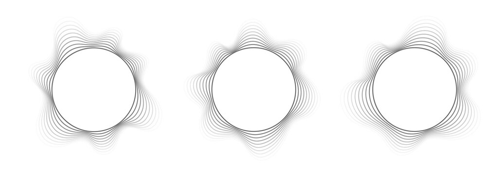 Round sound wave frames, circular lines pattern, radial curvy shapes, geometric concentric design. Vector illustration.