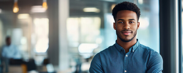 Confident Young Man in Modern Office Setting with Arms Crossed
