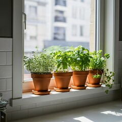 Minimalist kitchen with fresh herbs growing in small pots on the windowsil