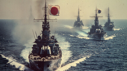 Naval vessels conduct military exercise in open waters with flags waving under clear sky