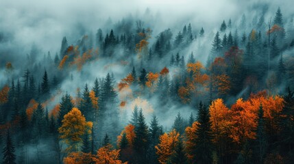 Misty autumn forest, vibrant foliage.