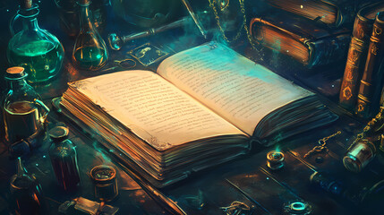 A witch spellbook open to a blank page, surrounded by mystical artifacts and potion bottles, perfect for party text. Mystical. Illustration