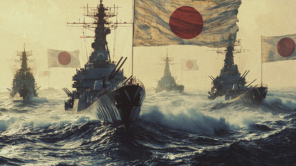 Naval vessels participate in complex military exercise in open waters under overcast skies