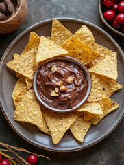 A playful arrangement of tortilla chips with a side of salsa, creating a fun and tasty snack experience
