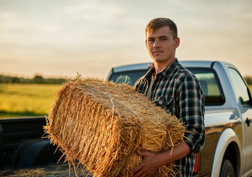 Jovem agricultor carregando feno no p&ocirc;r do Sol