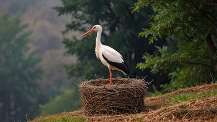 Fototapeta premium White stork standing in its nest on a hill.