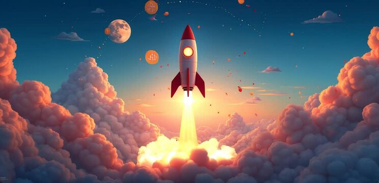Red and white rocket blasts off through glowing clouds toward the moon in an animation. Concept of accelerator program pages, product launch banners, and business coaching course headers.