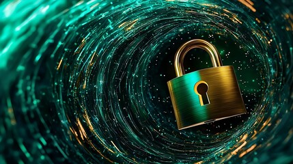 Anti tracking identity. A glowing padlock is surrounded by swirling digital particles, symbolizing security and encryption in a vibrant, futuristic context.