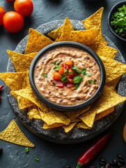 Tortilla chips surrounding a spicy bean dip in a colorful bowl, perfect for sharing with friends and family