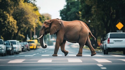 Obraz premium A city elephant crossing the road amidst urban surroundings, blending the majestic presence of wildlife with the hustle and bustle of city life. The scene captures a rare and striking contrast 