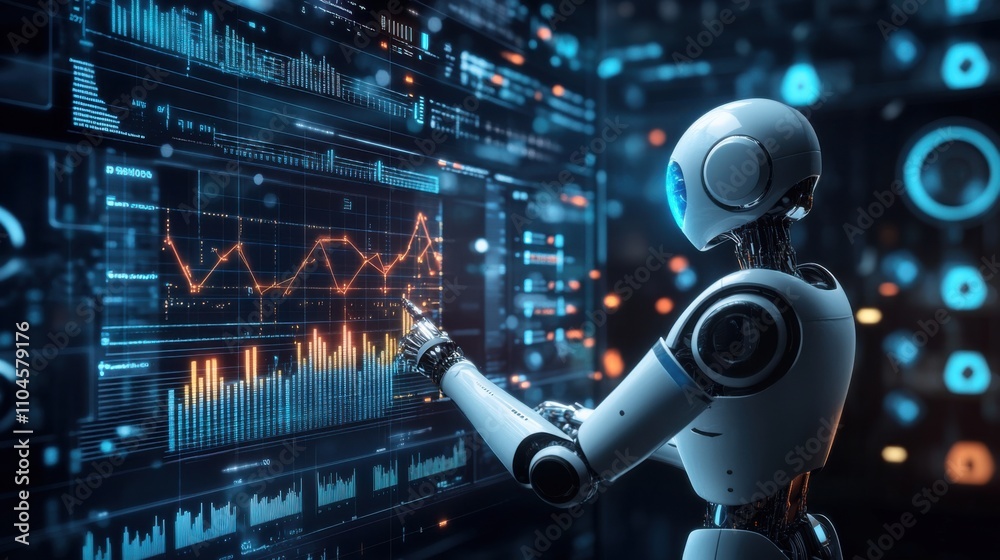 Poster futuristic robot analyzing data on high-tech digital interface