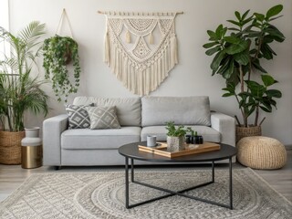 Modern Minimalist Home Interior with Gray Sofa, Coffee Table, Macrame Decor, Plants, and Elegant Accessories for Stylish Living Spaces