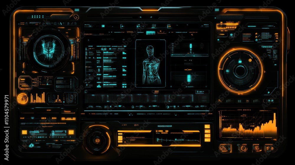 Poster futuristic interface displaying data and holographic representation of a humanoid figure.
