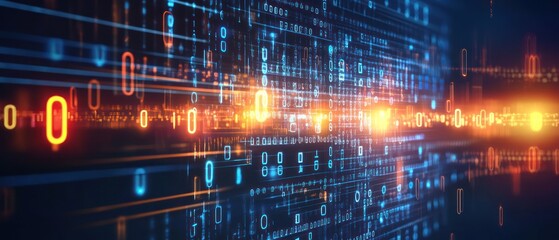 Abstract digital background with binary code and glowing lines representing data flow.