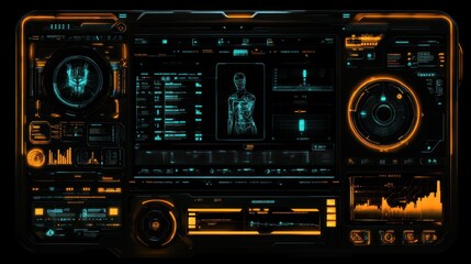 Fototapeta premium Futuristic interface displaying data and holographic representation of a humanoid figure.