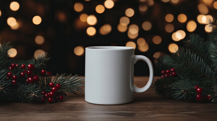 Fototapeta premium Plain white ceramic mug on a wooden table surrounded by festive greenery and soft lights