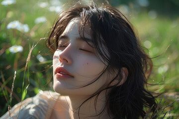 young woman with dark hair enjoying a sunny day in nature. She closed her eyes, feeling the warm rays of the sun on her face.  