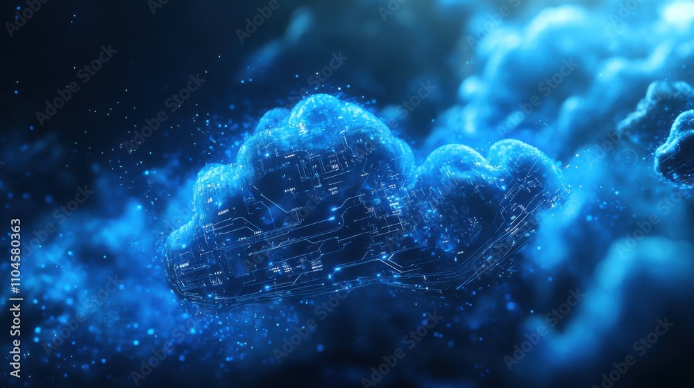 Wall mural digital cloud with circuit patterns and blue glowing effects