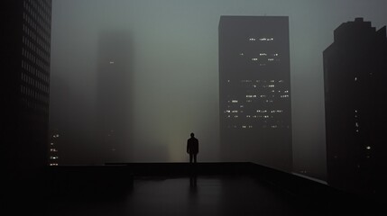 Obraz premium Silhouette on rooftop overlooking foggy cityscape at night