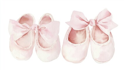 Soft watercolor baby booties with pink bows: perfect for nursery decor or birth announcements