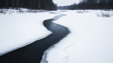 Serene winter landscape with frozen river winding through snowy forest