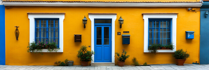 Obraz premium Vibrant Yellow House with Blue Doors and Windows, Charming Mediterranean Architecture, Sunny Day