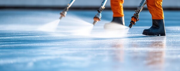 Fototapeta premium Snow management concept. Deicing techniques on a frozen pavement, with close-up of chemical spray systems in use copy space for text,