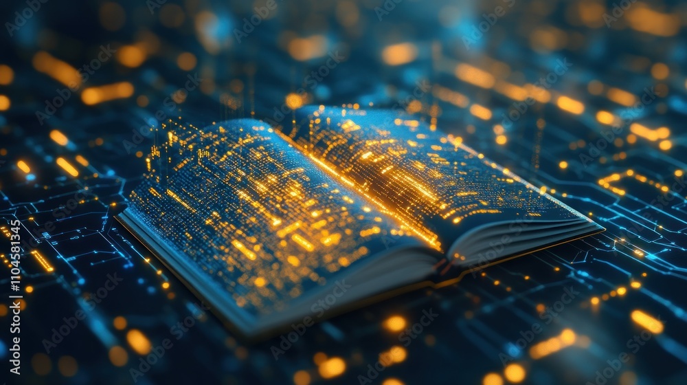 Poster open book with glowing data streams, symbolizing knowledge and technology integration