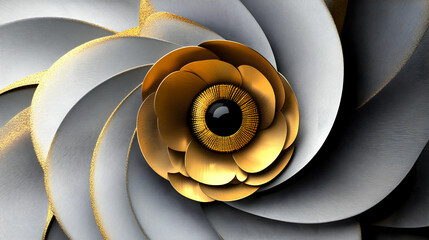 Obraz premium Abstract Gold Flower in Swirling Silver; Elegant, Luxurious, Decorative Digital Artwork