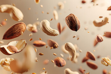Captivating Scene of Mixed Nuts Floating Gracefully in Mid-Air Against a Soft Background, Perfect for Food and Snack Themes