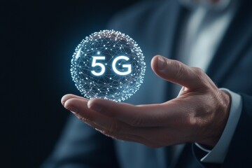 Futuristic 5g technology concept with network sphere in businessman's hand