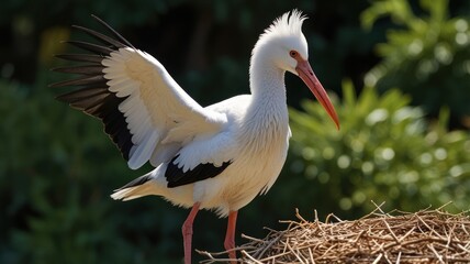 White stork partially spread wings in nest.