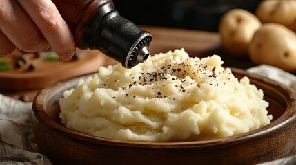 Hand Sprinkling Fresh Black Pepper on Creamy Mashed Potatoes
