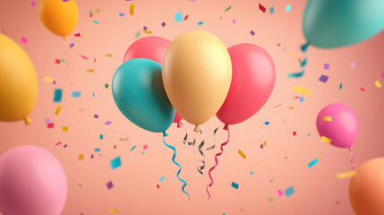 A playful collection of 3D birthday balloons in shiny, vibrant hues, floating upwards with ribbons trailing down, surrounded by a light shower of confetti, enhancing the cheerful celebration mood.
