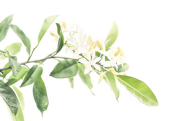 Obraz premium Detailed Botanical Illustration of a Delicate Floral Branch Featuring Elegant Leaves and Blossoms on a Soft White Background