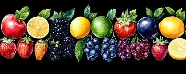 Crédence de cuisine Cuisine Vibrant Watercolor Fruit Border, A Colorful Arrangement of Apples, Lemons, Berries, and More  © HQAsset