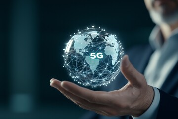 5g technology concept with digital globe in businessman's hand