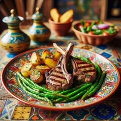 Grilled Lamb Chops with Green Beans and Princess Potatoes in Cozy Italian Restaurant