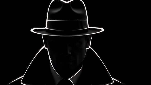 Mysterious silhouette of a man in coat and hat, reminiscent of detective films and spy novels of the midth century.