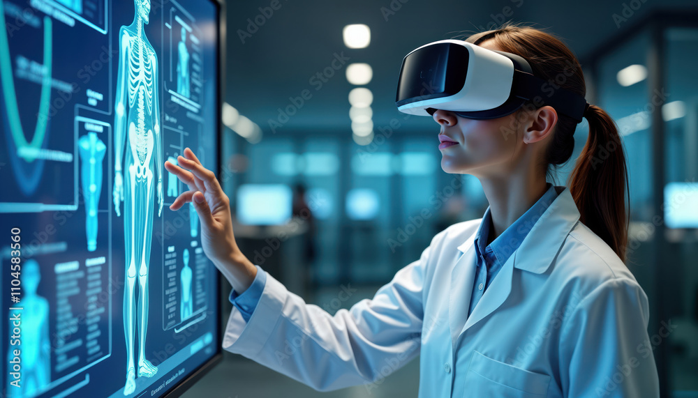 Aufkleber Female scientist wears VR headset studies complex medical data on interactive display. Interacts with 3D anatomical models. Advanced tech allows precise visualization. Modern research lab setting.