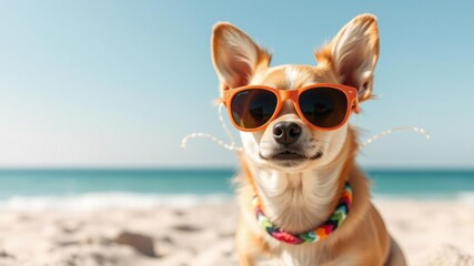 Funny chihuahua dog wearing sunglasses strikes a pose on a sunny beach, fashionable, sunglasses