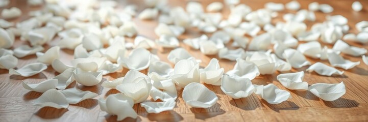 Many delicate white and cream-colored rose petals falling from above covering a neutral-toned wooden floor, organic shapes, subtle texture